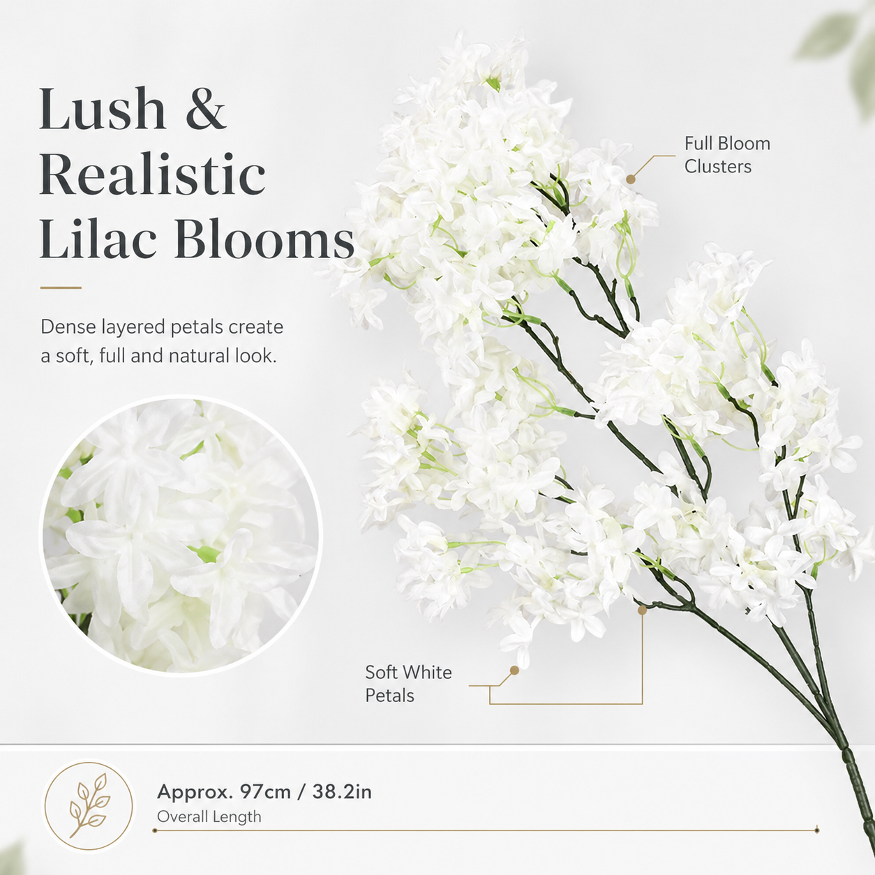 Large White Artificial Lilac Flower Branch