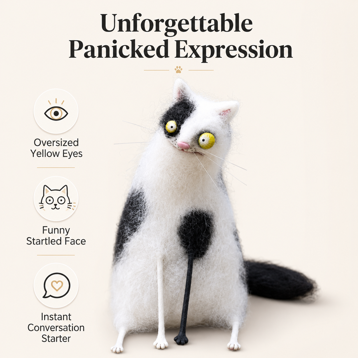 Big-Eyed Panicked Weirdo Handmade Wool Felt Cat Figurine