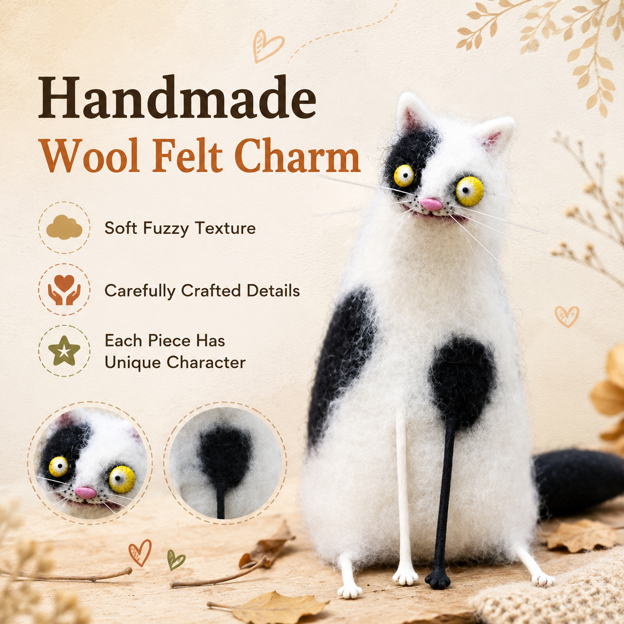 Big-Eyed Panicked Weirdo Handmade Wool Felt Cat Figurine