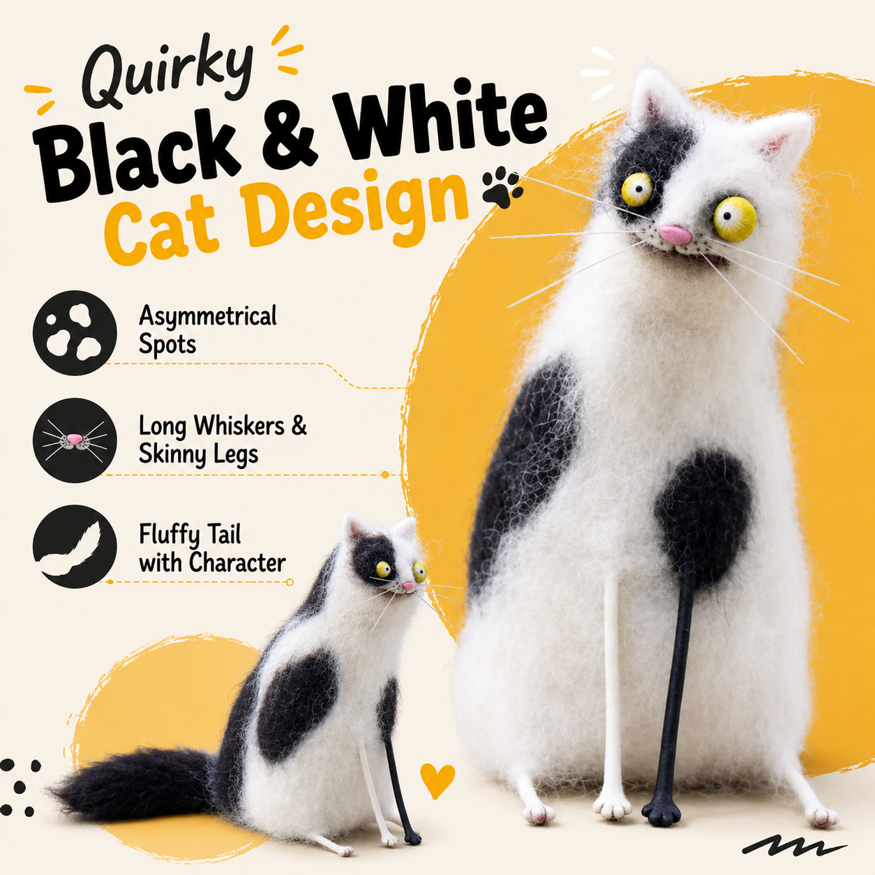 Big-Eyed Panicked Weirdo Handmade Wool Felt Cat Figurine