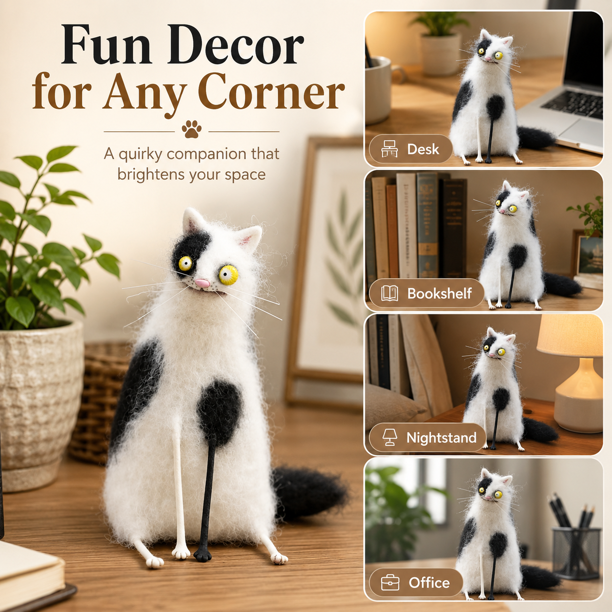 Big-Eyed Panicked Weirdo Handmade Wool Felt Cat Figurine