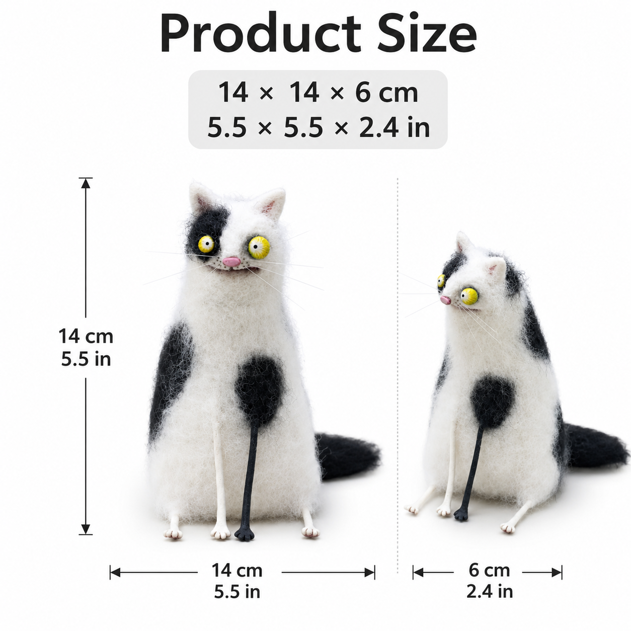 Big-Eyed Panicked Weirdo Handmade Wool Felt Cat Figurine