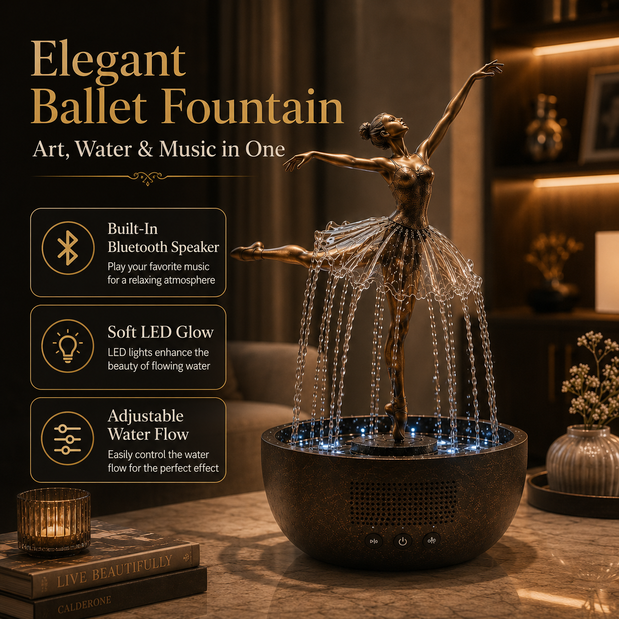 Ballerina Water Fountain with Bluetooth Speaker & LED Lights