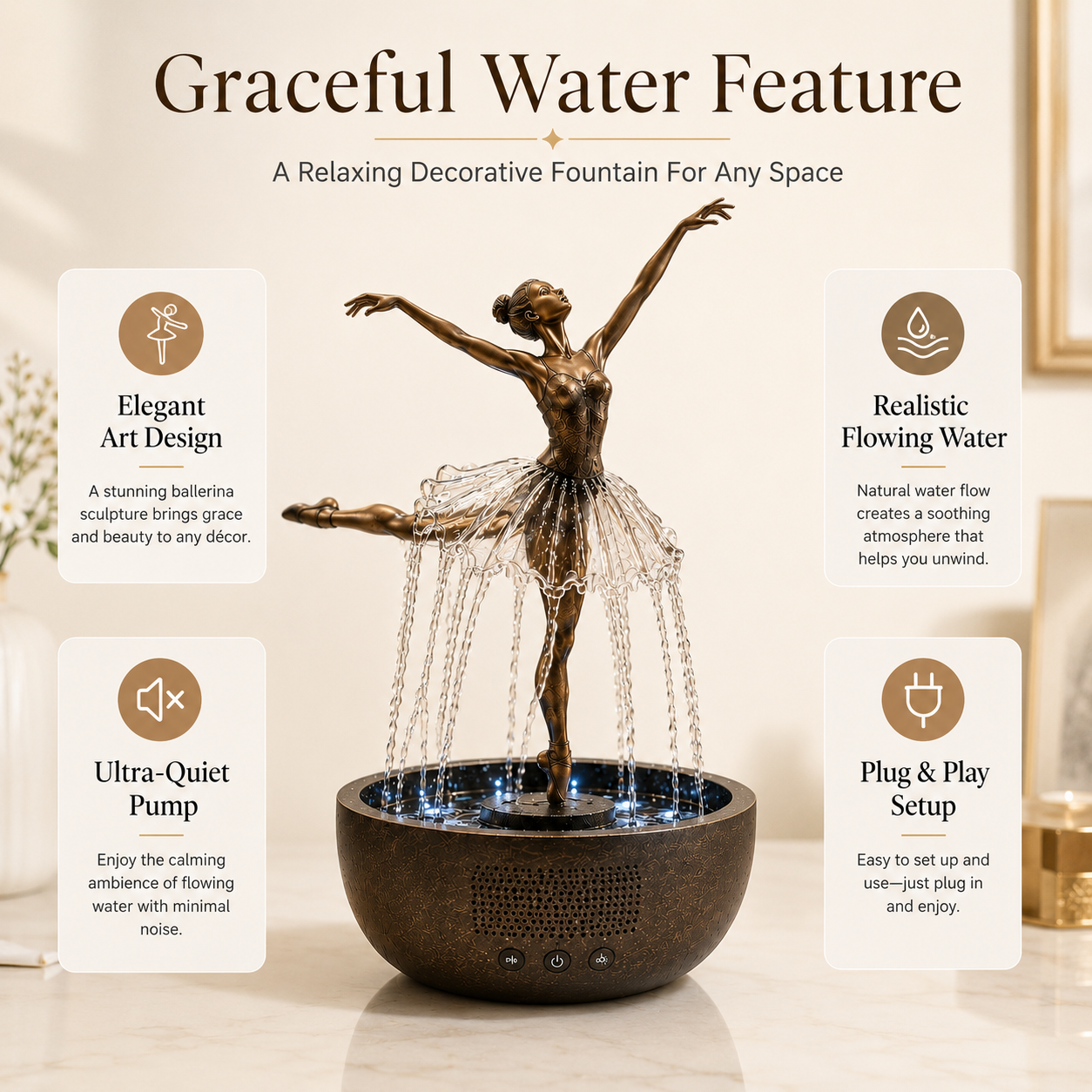 Ballerina Water Fountain with Bluetooth Speaker & LED Lights