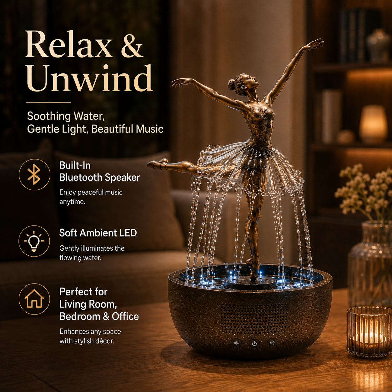 Ballerina Water Fountain with Bluetooth Speaker & LED Lights