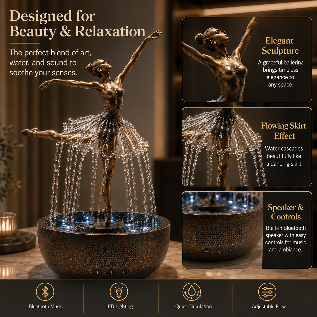Ballerina Water Fountain with Bluetooth Speaker & LED Lights