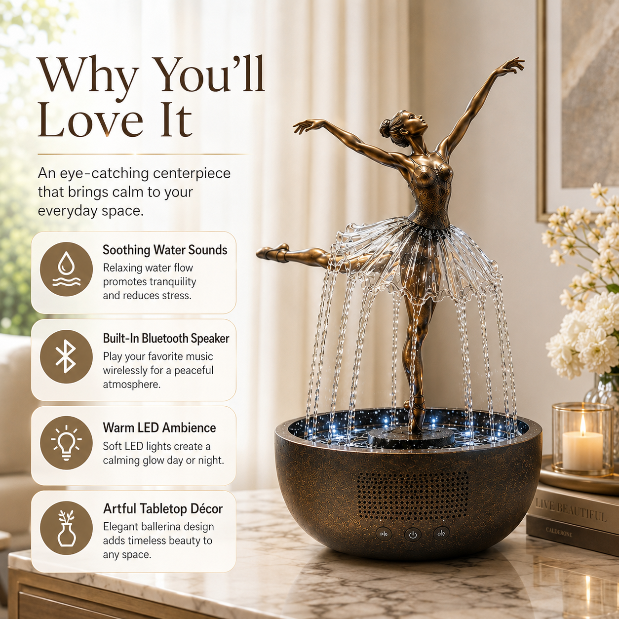 Ballerina Water Fountain with Bluetooth Speaker & LED Lights