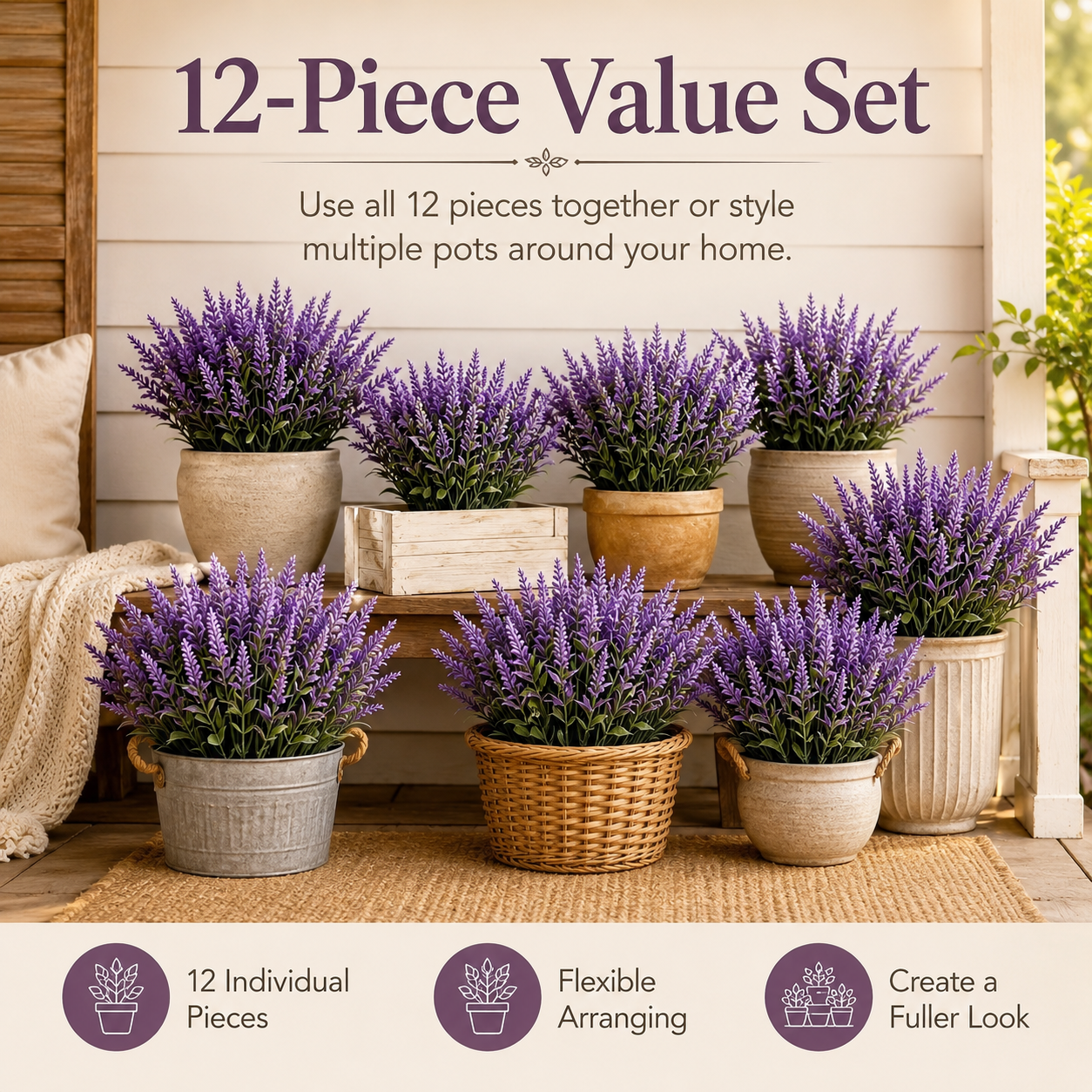 12-Piece Artificial Lavender Flowers for Outdoors