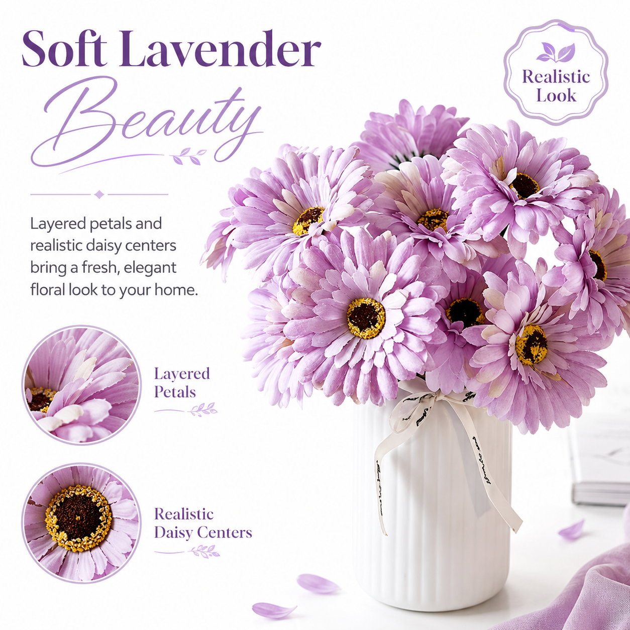 12 Pcs Lavender Faux Daisy Silk Flowers with Stems