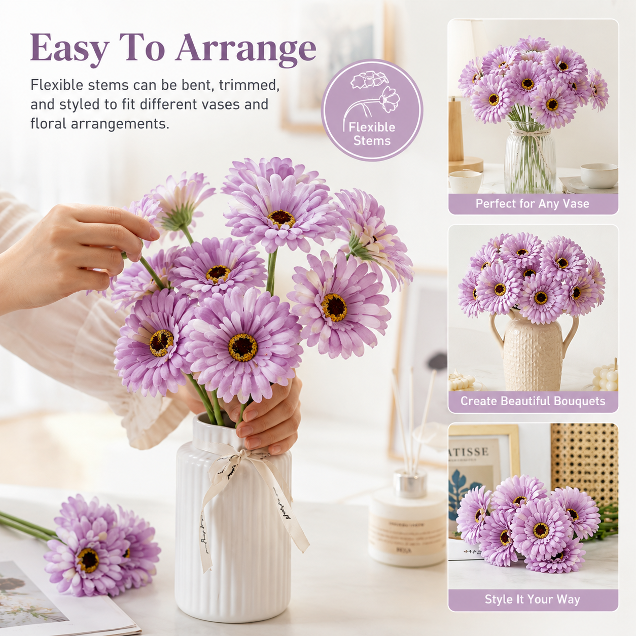 12 Pcs Lavender Faux Daisy Silk Flowers with Stems