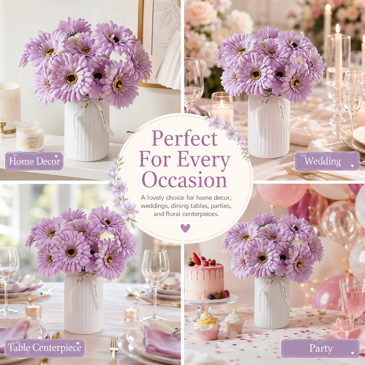 12 Pcs Lavender Faux Daisy Silk Flowers with Stems