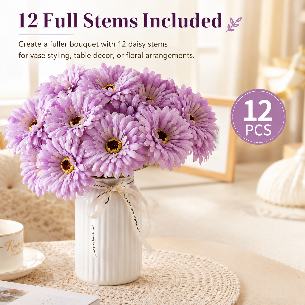 12 Pcs Lavender Faux Daisy Silk Flowers with Stems