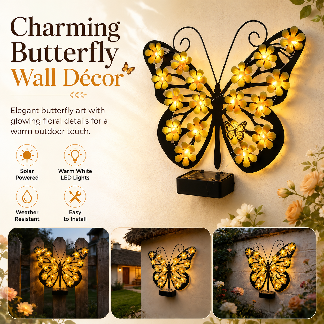 Solar Butterfly Wall Light Outdoor Decor