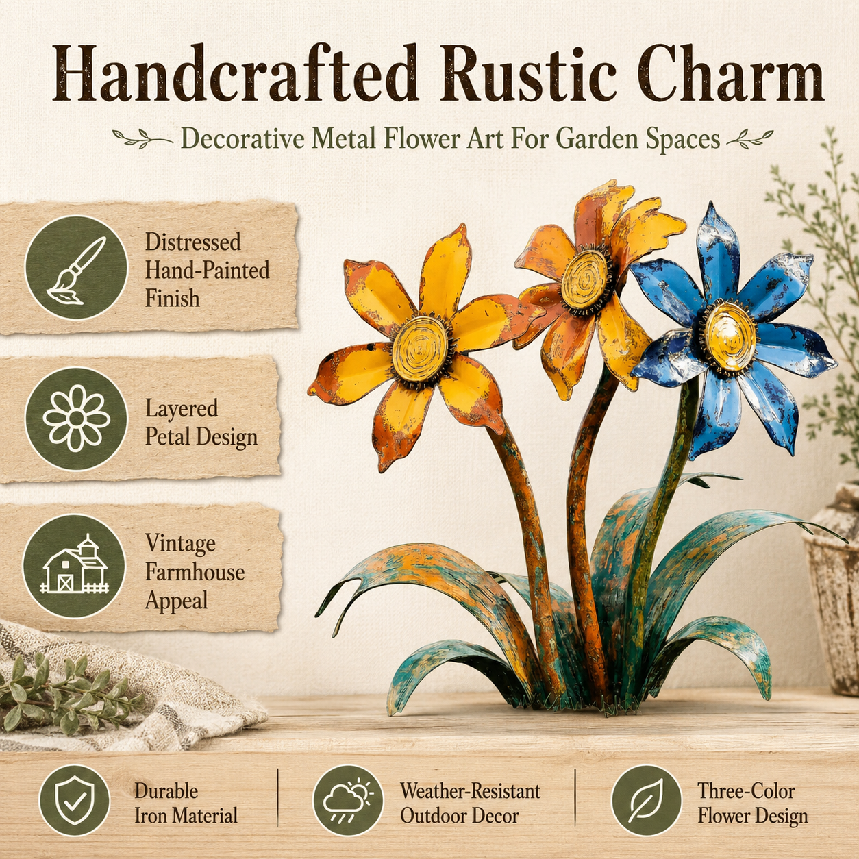 Handcrafted Rustic Metal Flower Garden Stake
