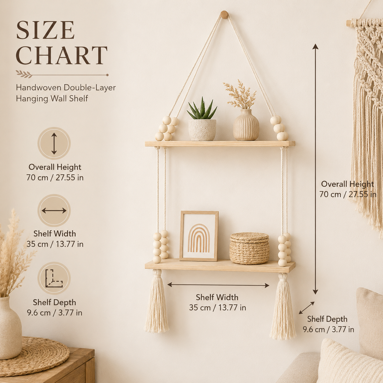 Boho Hanging Wall Shelf With Wooden Beads And Tassels