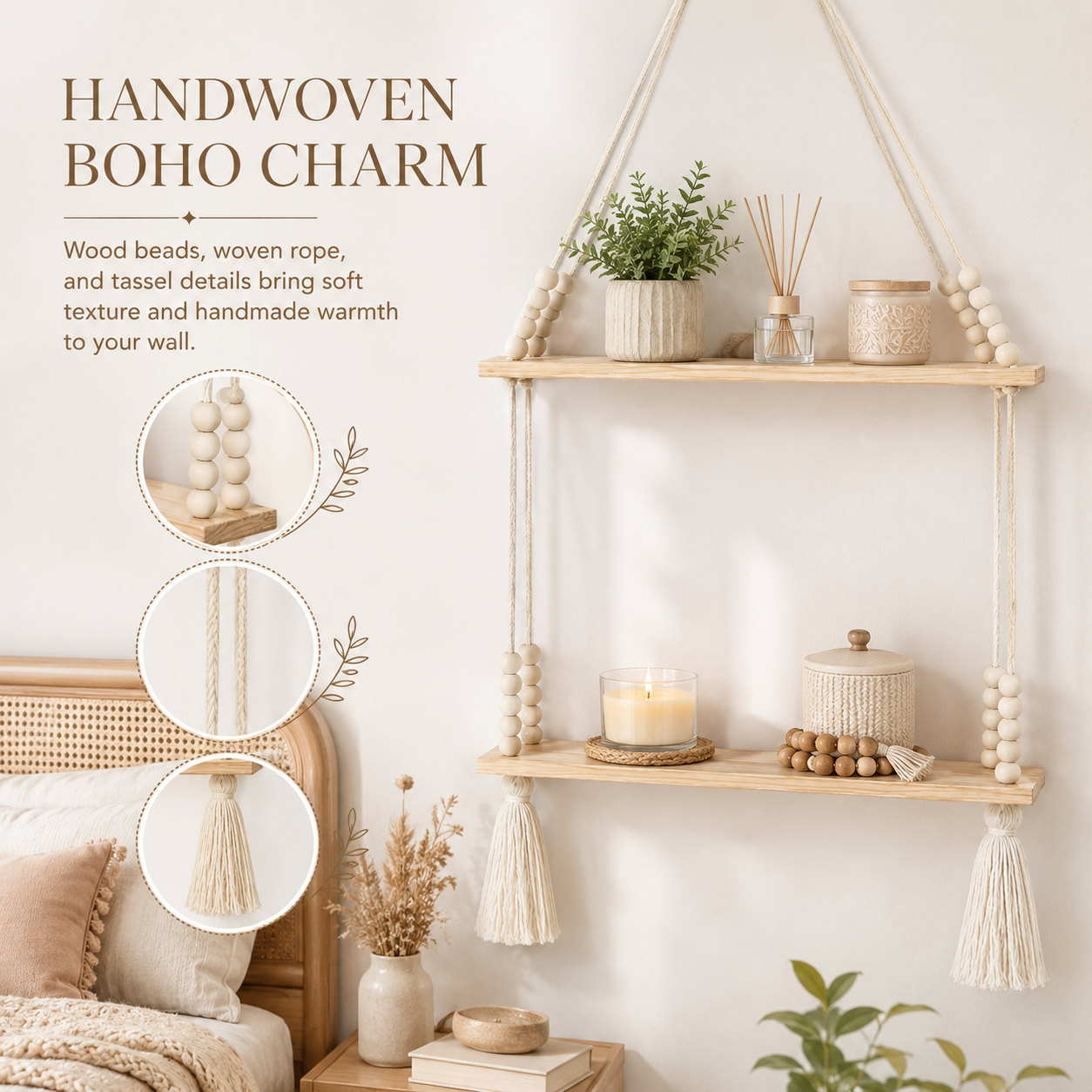 Boho Hanging Wall Shelf With Wooden Beads And Tassels