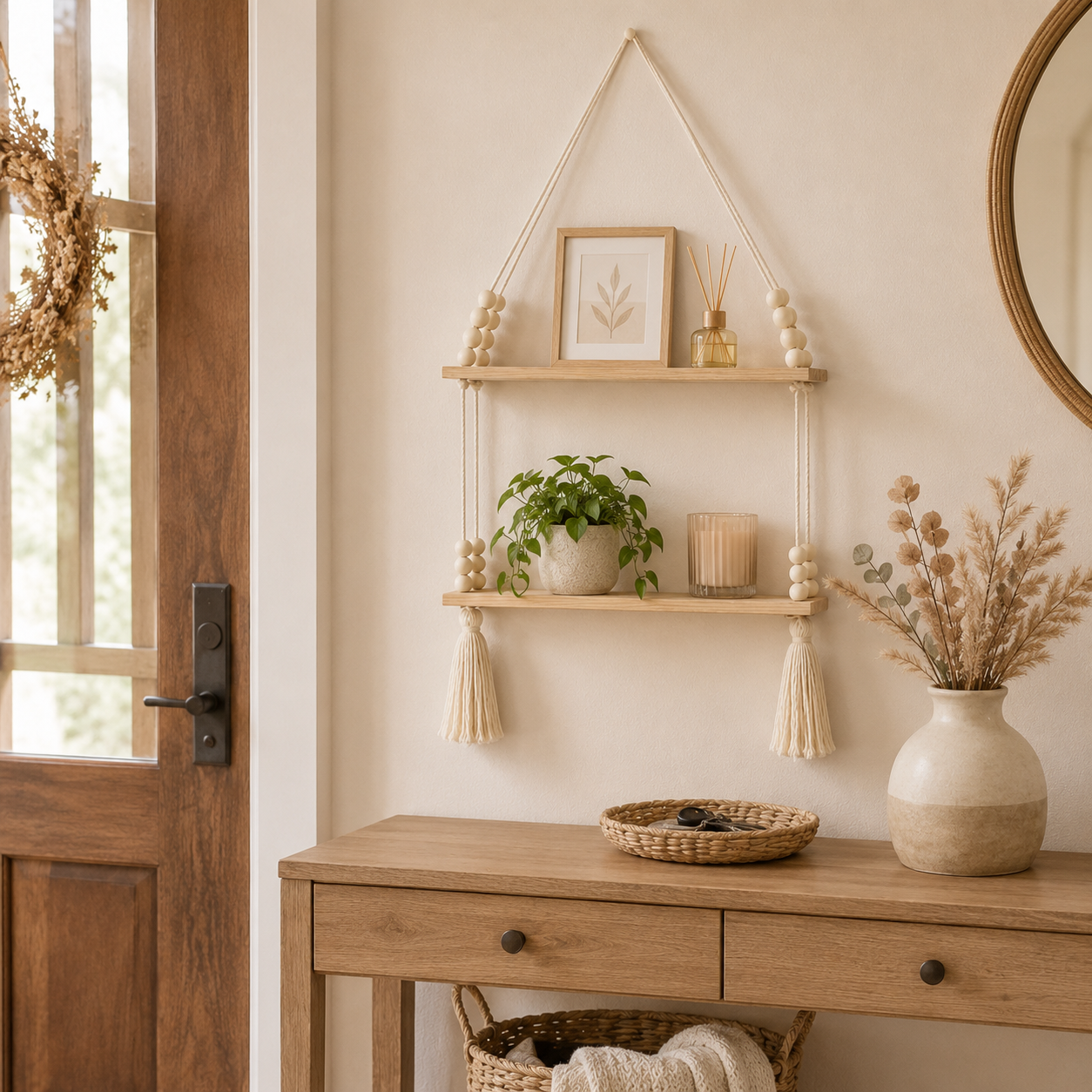 Boho Hanging Wall Shelf With Wooden Beads And Tassels