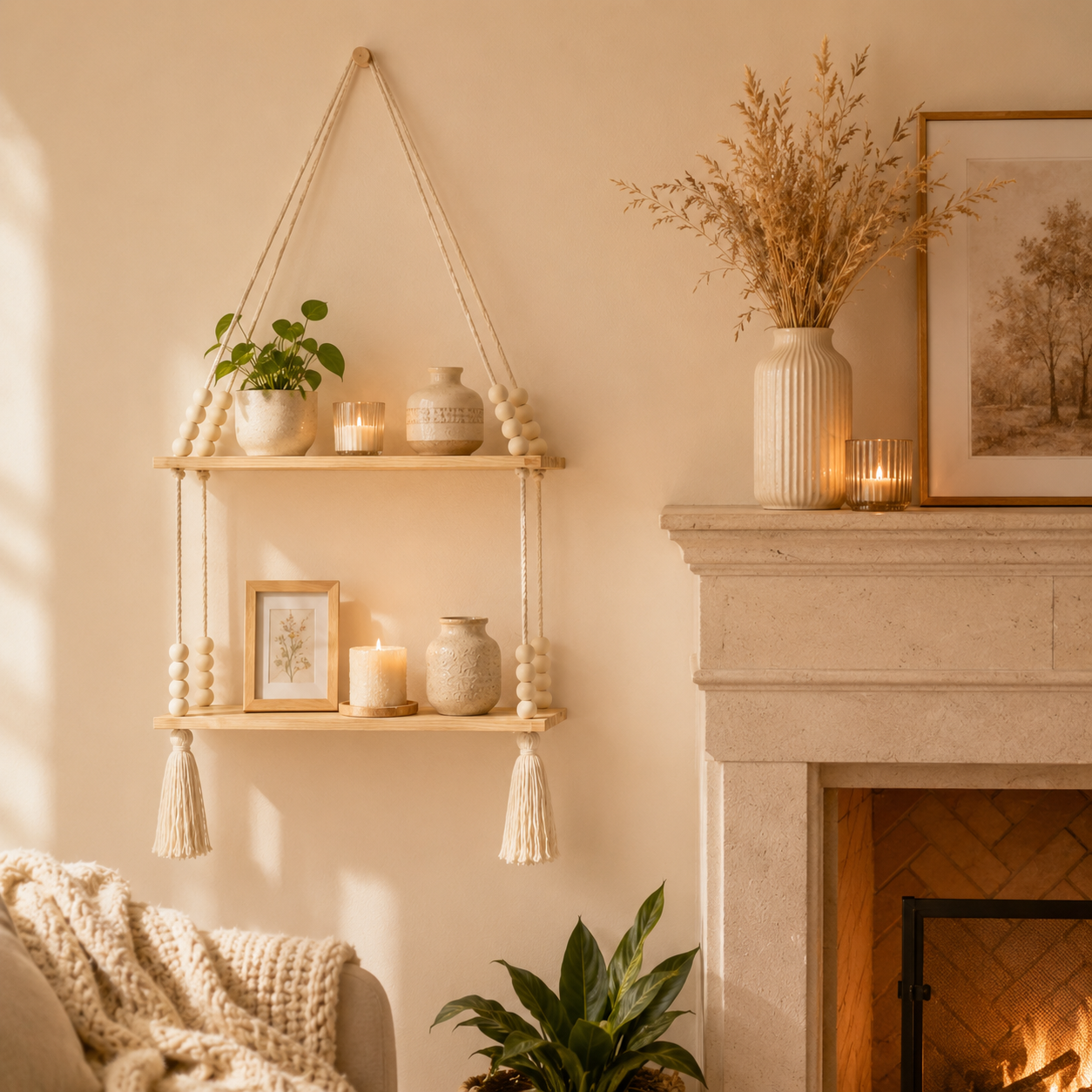 Boho Hanging Wall Shelf With Wooden Beads And Tassels