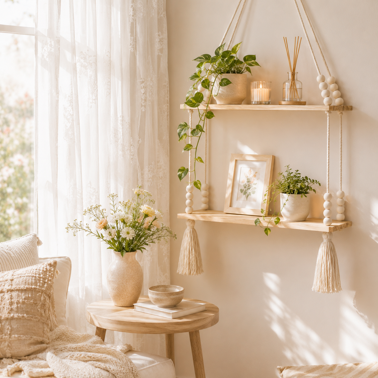 Boho Hanging Wall Shelf With Wooden Beads And Tassels