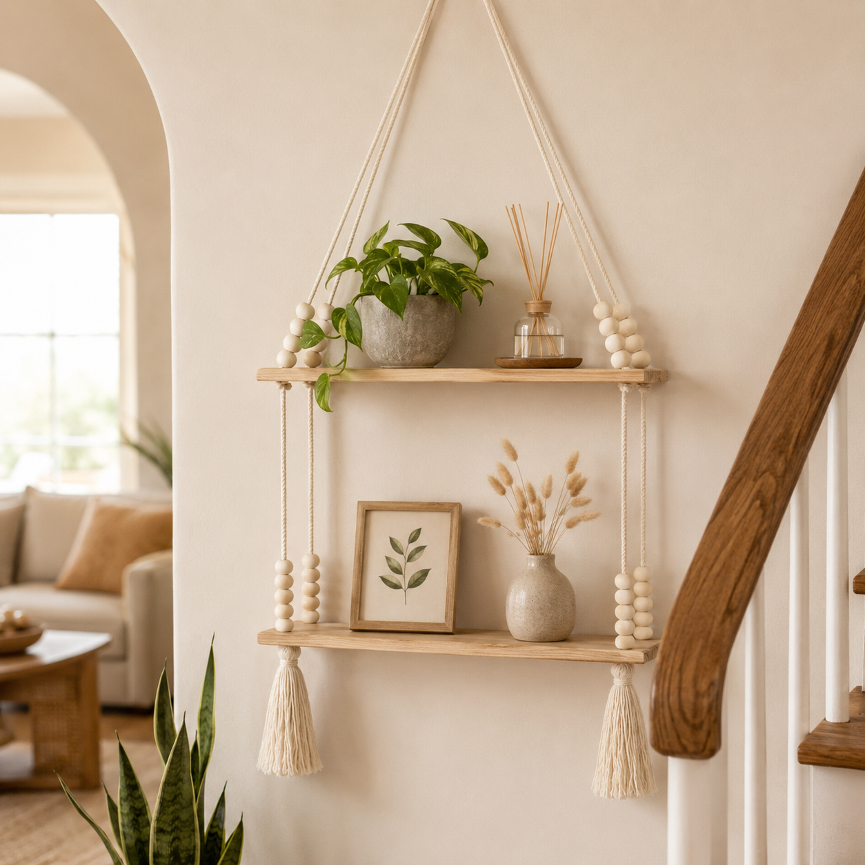 Boho Hanging Wall Shelf With Wooden Beads And Tassels