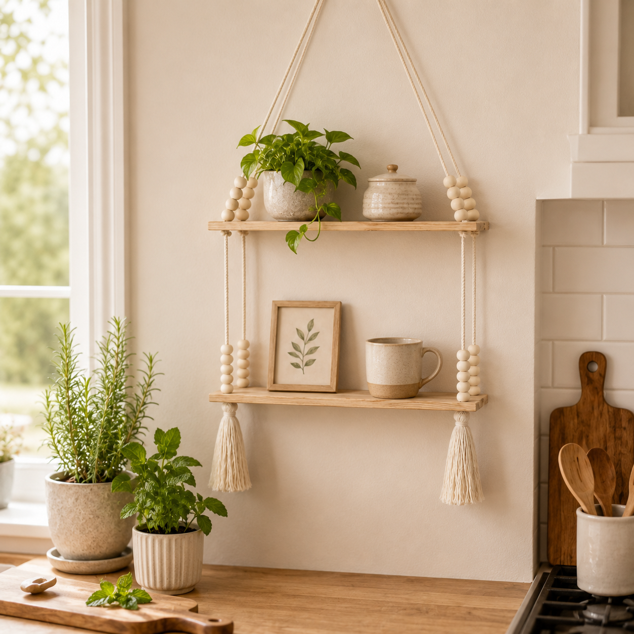 Boho Hanging Wall Shelf With Wooden Beads And Tassels