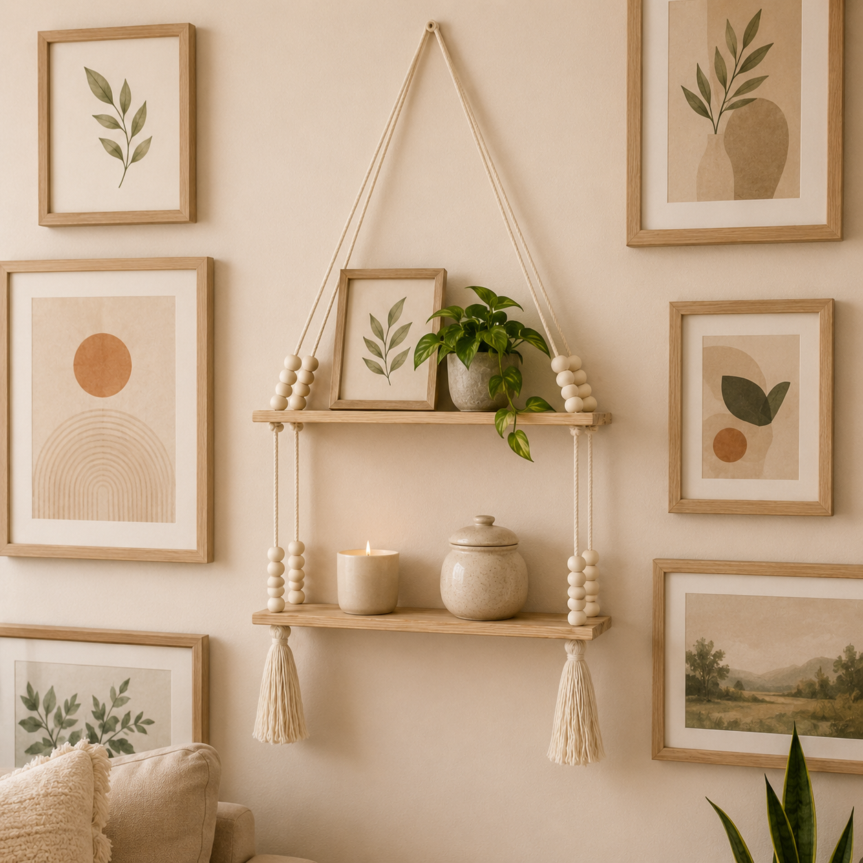 Boho Hanging Wall Shelf With Wooden Beads And Tassels