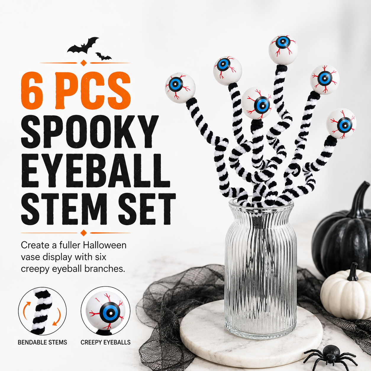 6 Pcs Halloween Bendable Eyeball Branch Stems