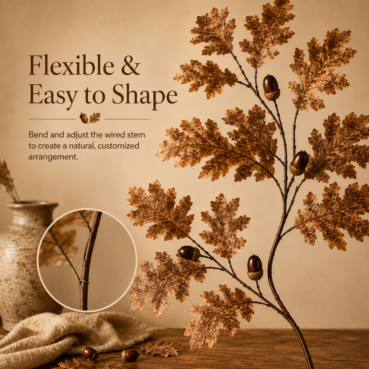 37.8-Inch Artificial Oak Leaf & Acorn Branch