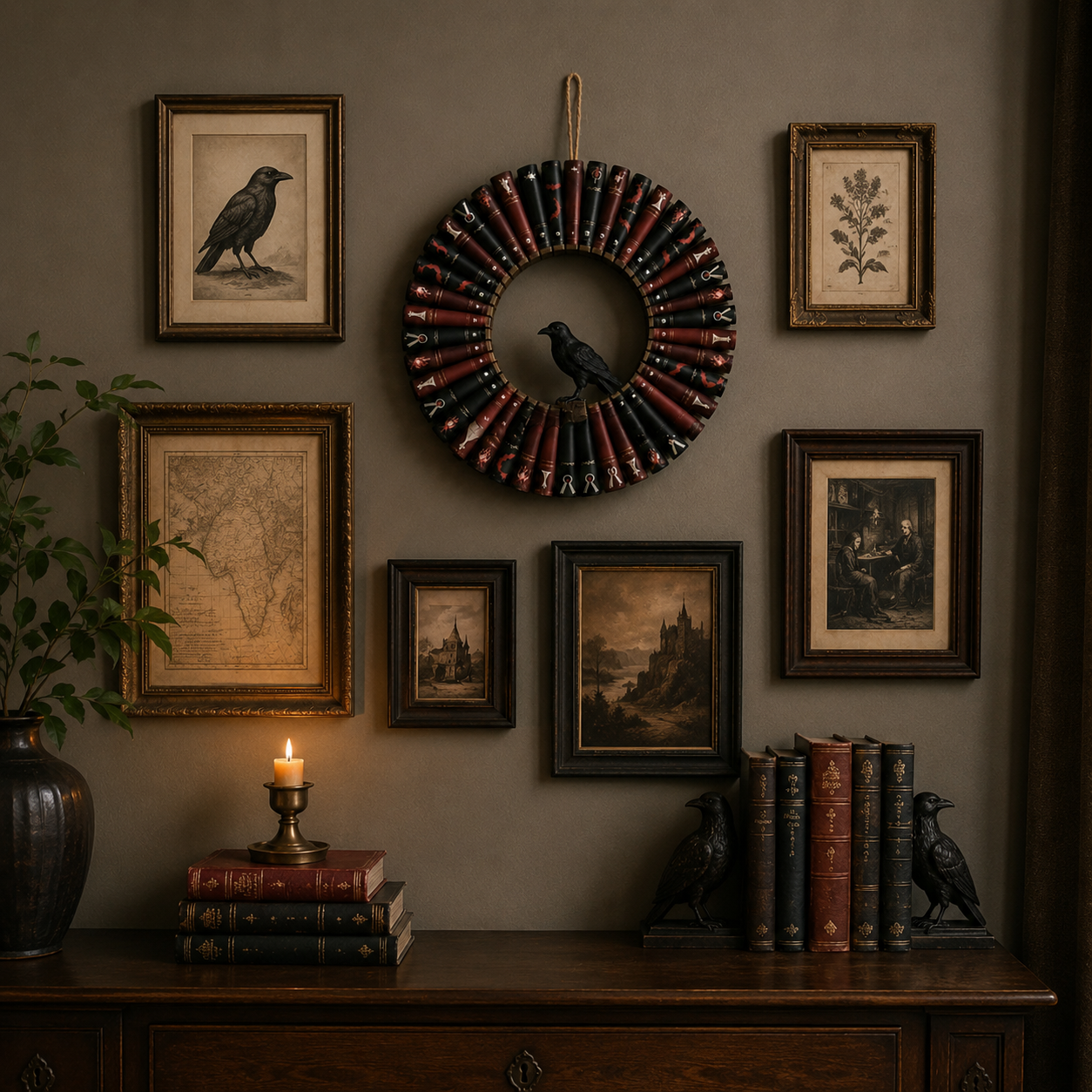 Gothic Raven Book Wreath for Wall Decor