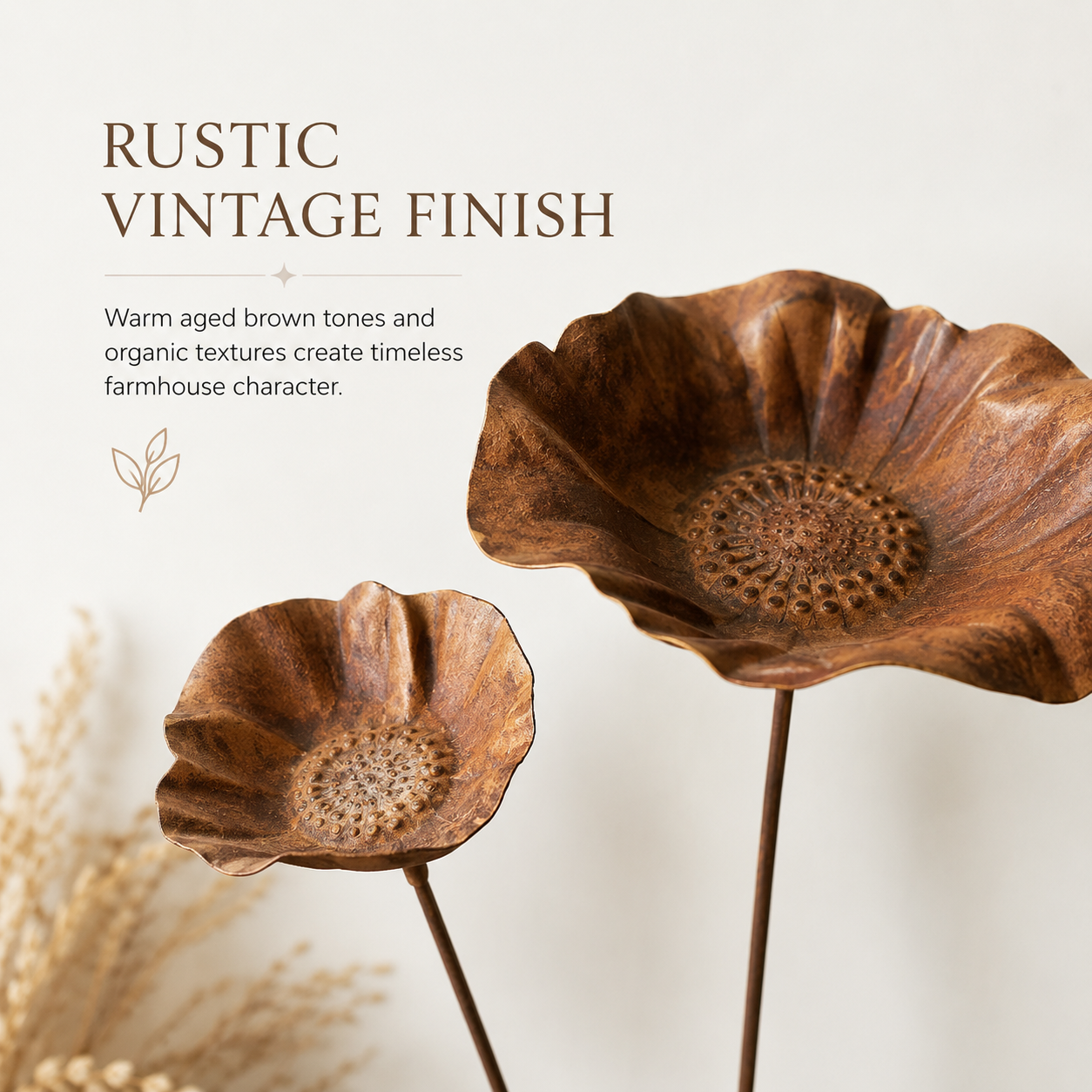 Vintage Metal Poppy Flower Stems, Set of 2