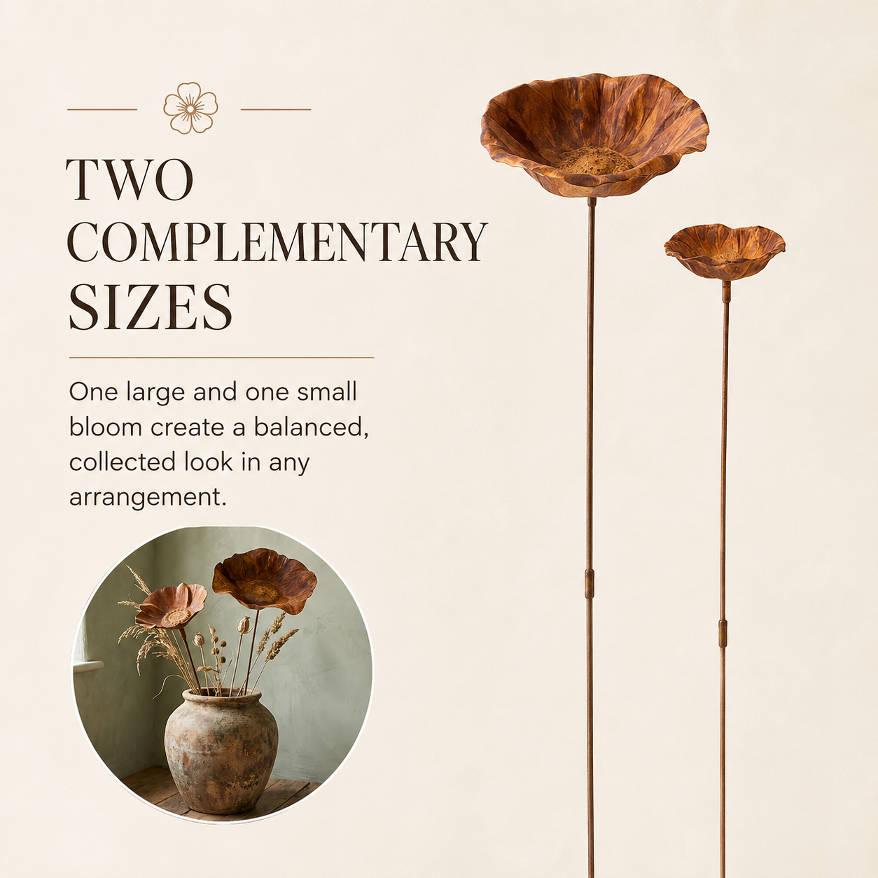 Vintage Metal Poppy Flower Stems, Set of 2