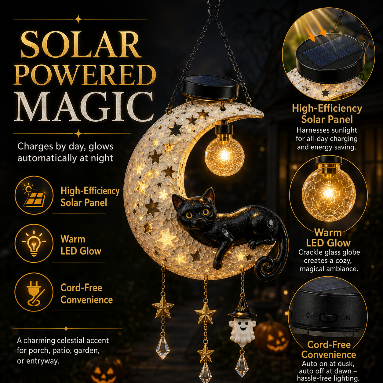 Solar Crescent Moon Black Cat Hanging Lantern
