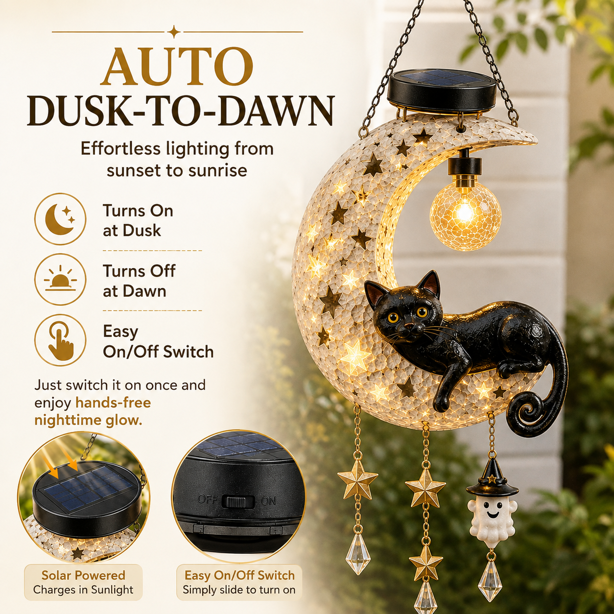 Solar Crescent Moon Black Cat Hanging Lantern