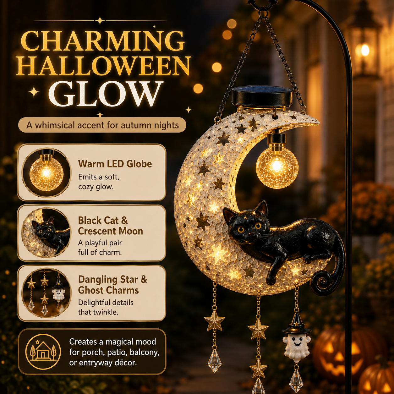 Solar Crescent Moon Black Cat Hanging Lantern