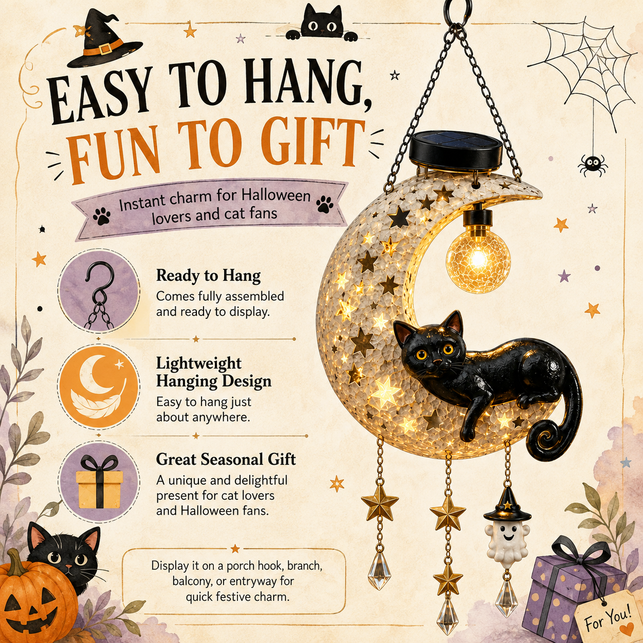 Solar Crescent Moon Black Cat Hanging Lantern