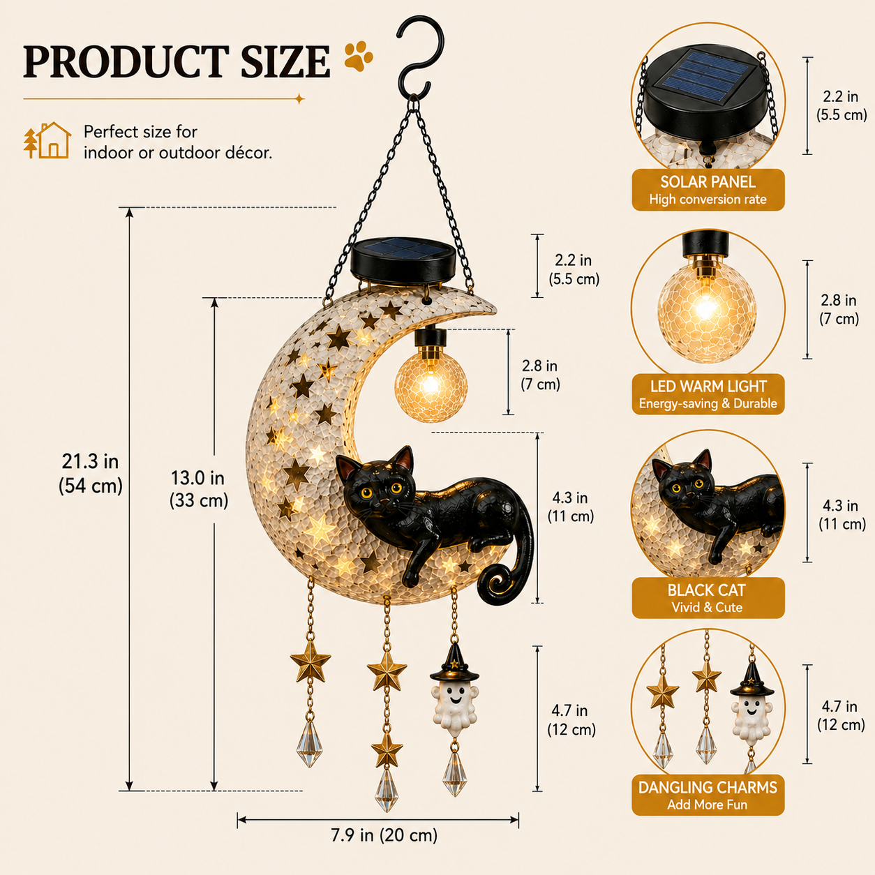 Solar Crescent Moon Black Cat Hanging Lantern