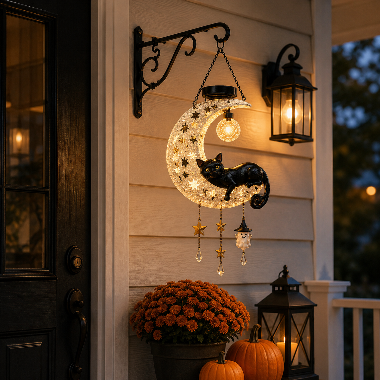 Solar Crescent Moon Black Cat Hanging Lantern