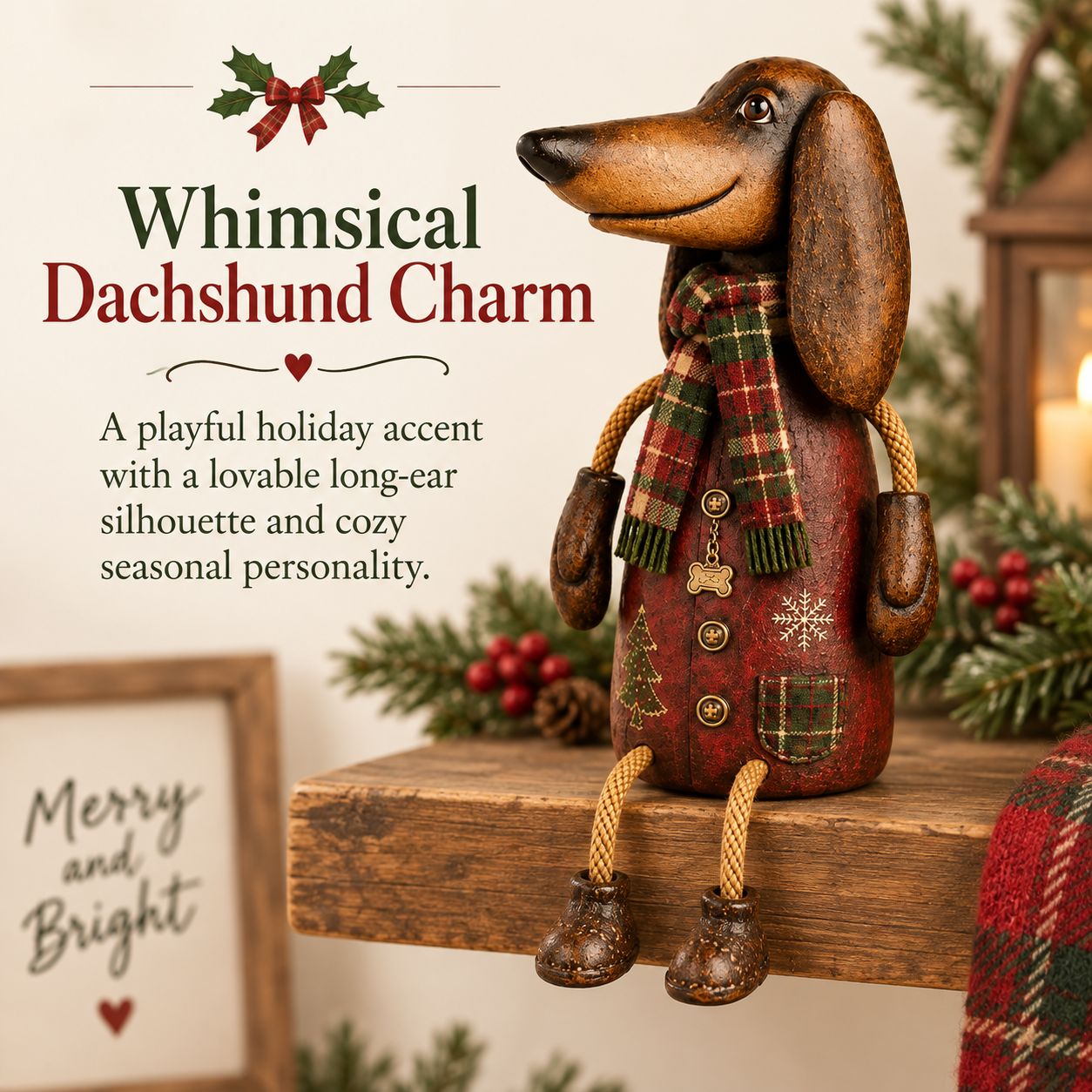 Christmas Dachshund Figurine with Plaid Scarf