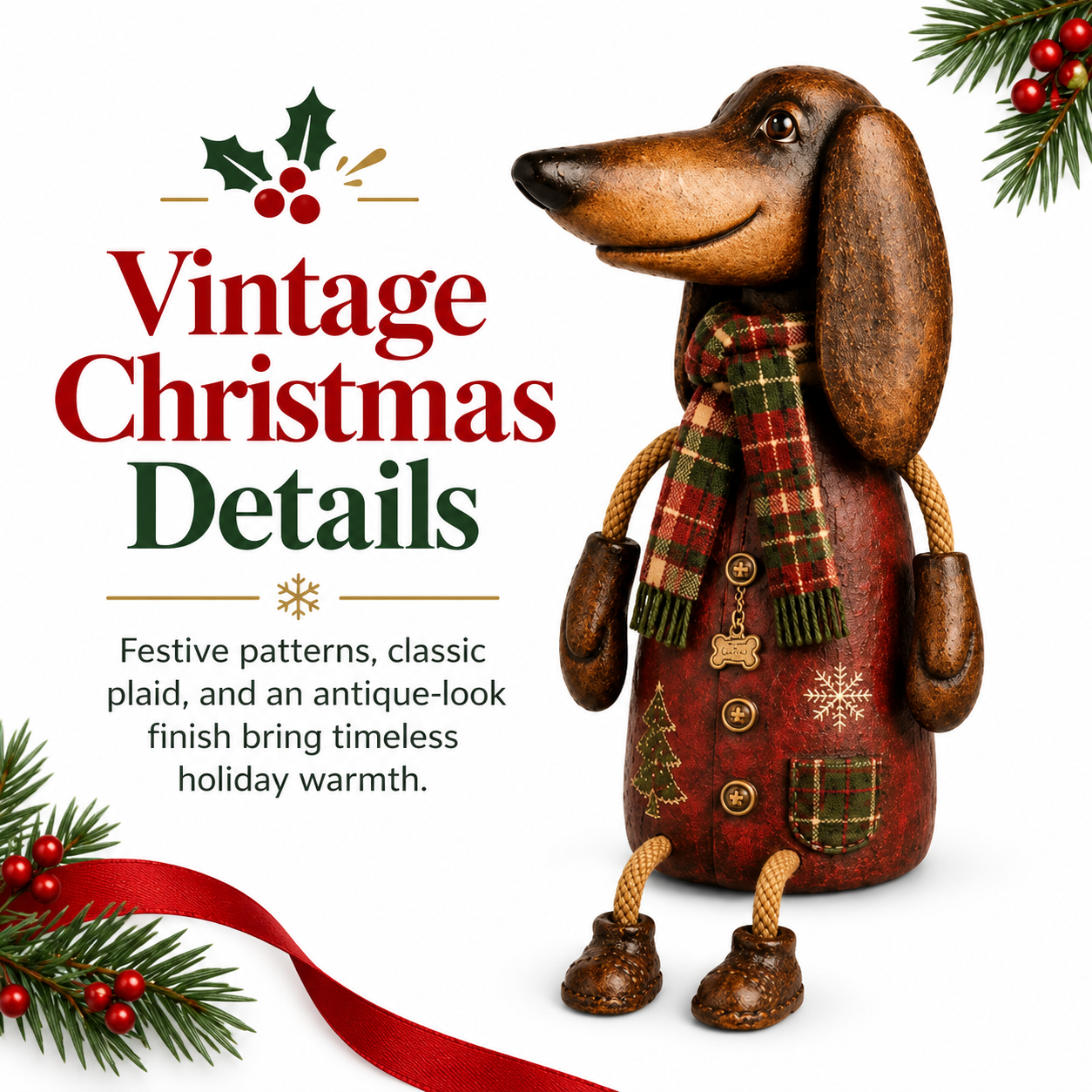 Christmas Dachshund Figurine with Plaid Scarf