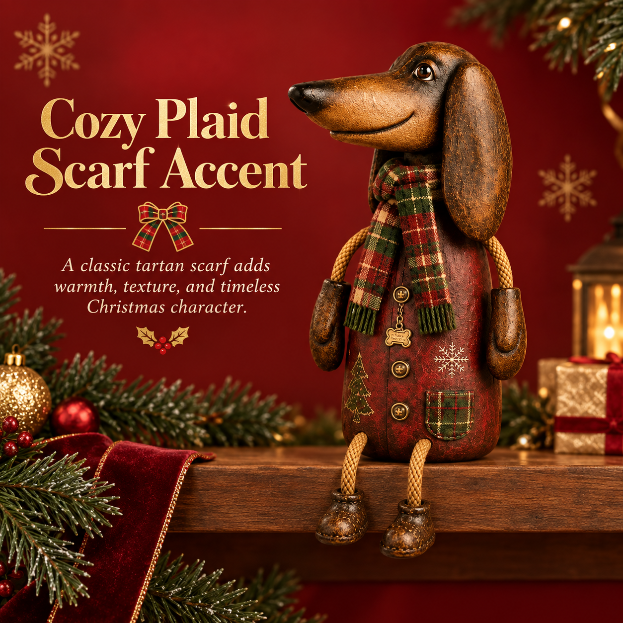Christmas Dachshund Figurine with Plaid Scarf