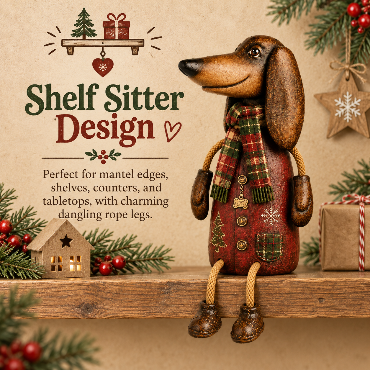 Christmas Dachshund Figurine with Plaid Scarf