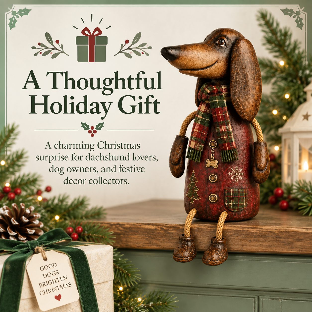 Christmas Dachshund Figurine with Plaid Scarf