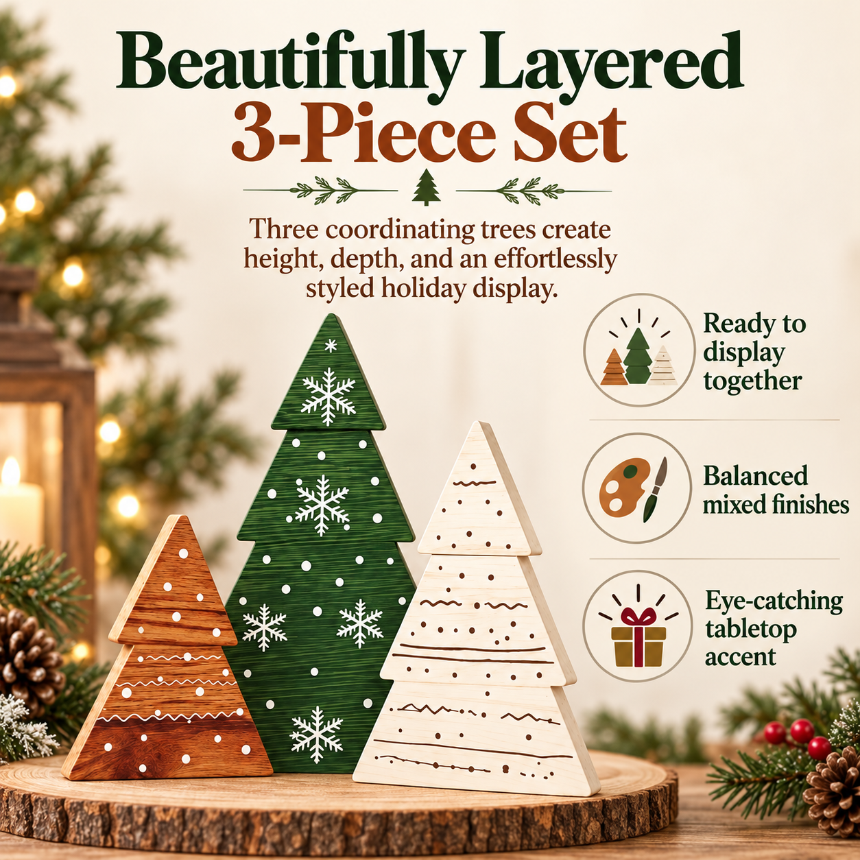 3-Piece Rustic Wooden Christmas Tree Tabletop Decorations
