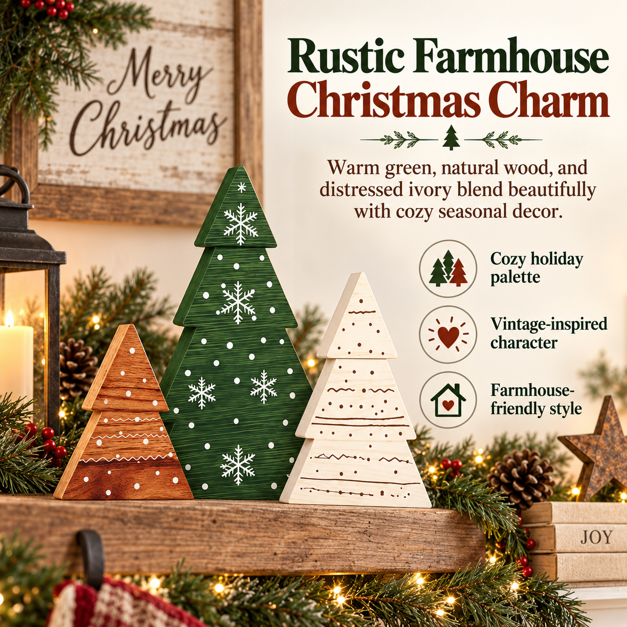 3-Piece Rustic Wooden Christmas Tree Tabletop Decorations