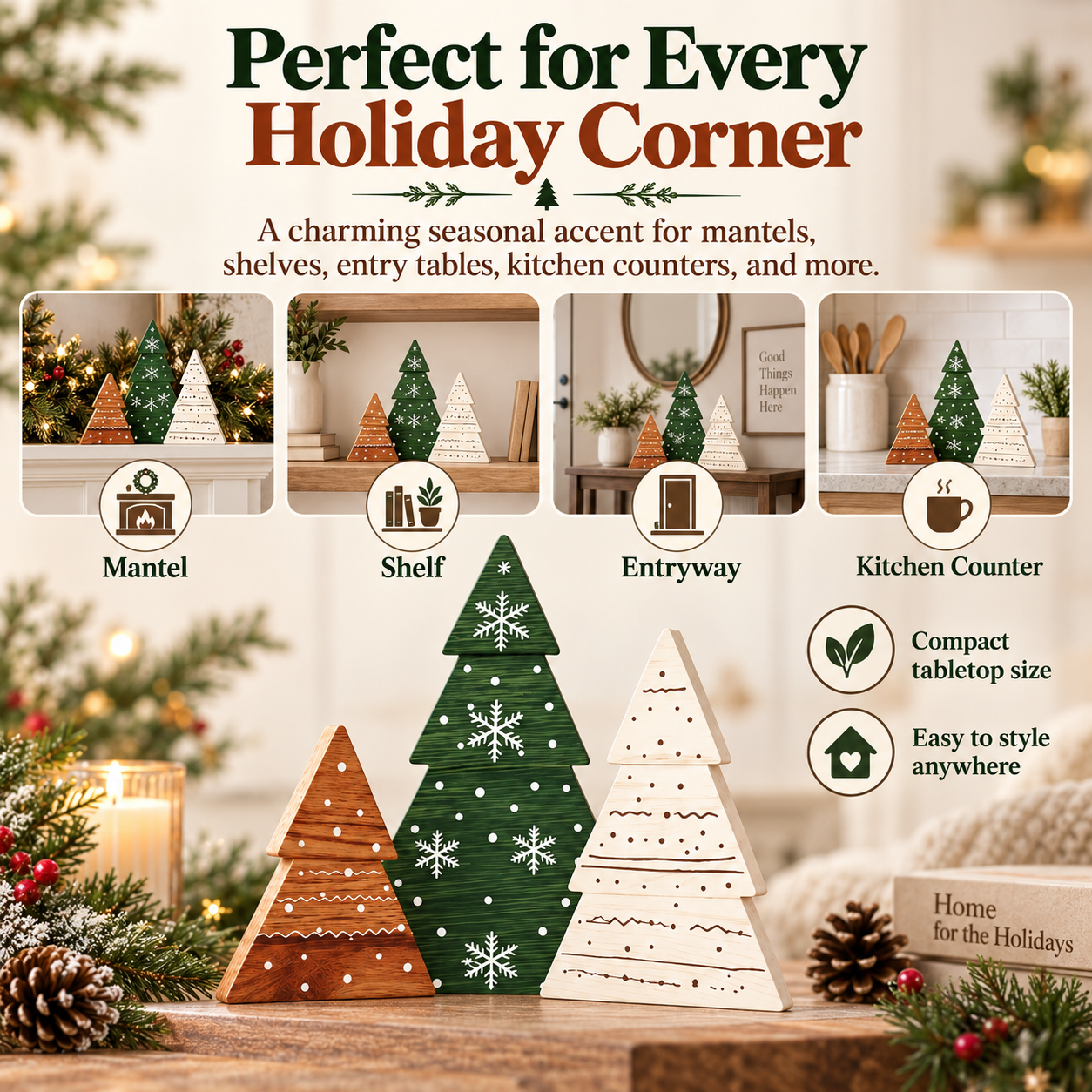 3-Piece Rustic Wooden Christmas Tree Tabletop Decorations