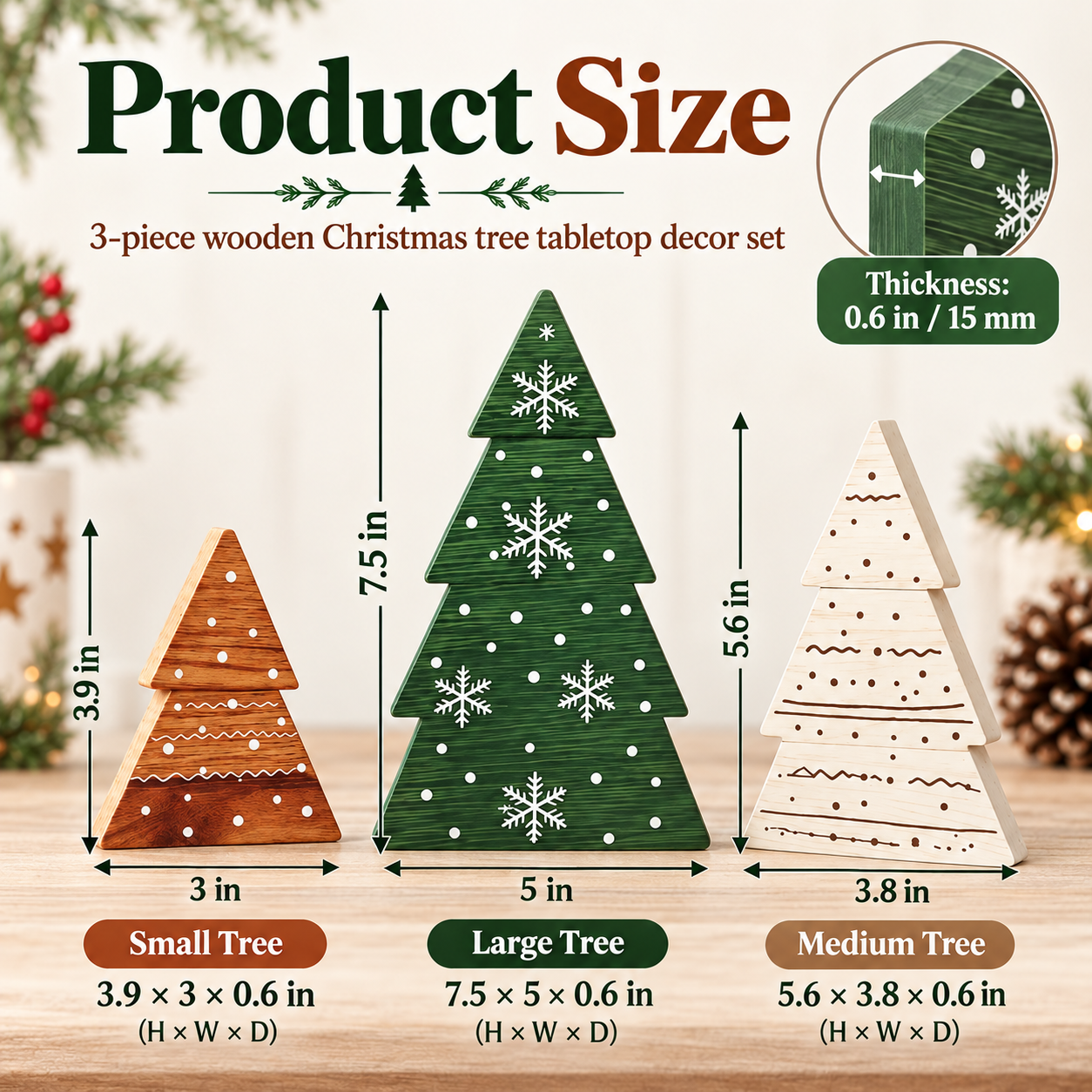 3-Piece Rustic Wooden Christmas Tree Tabletop Decorations