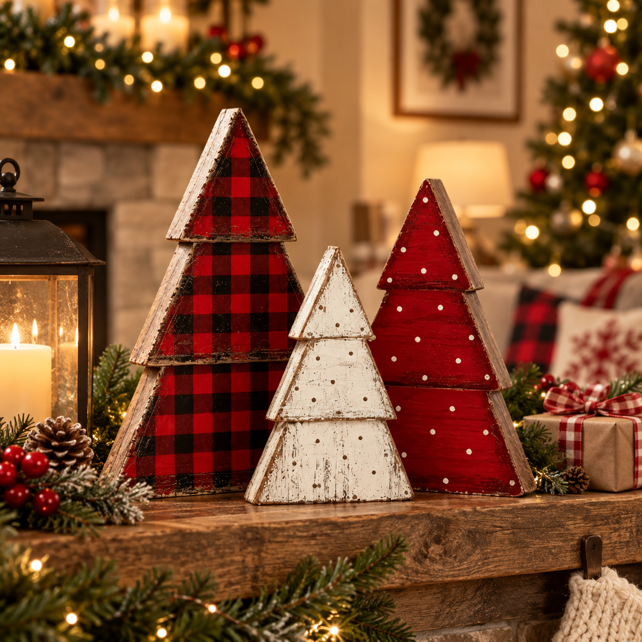 3-Piece Rustic Wooden Christmas Tree Tabletop Decorations