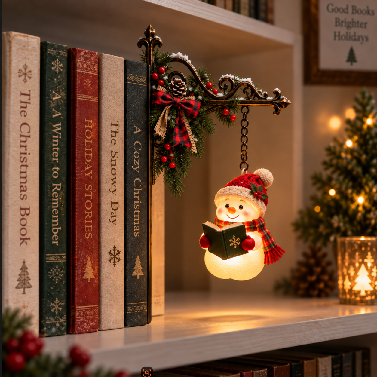 Christmas Snowman Reading Bookshelf Light