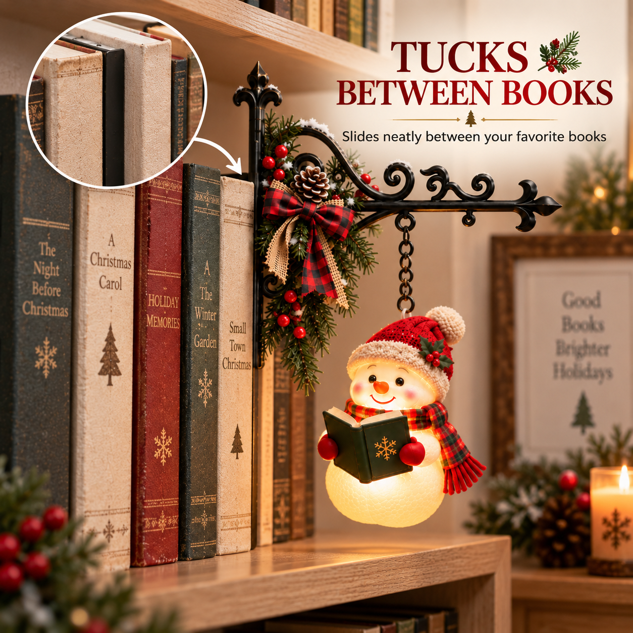 Christmas Snowman Reading Bookshelf Light