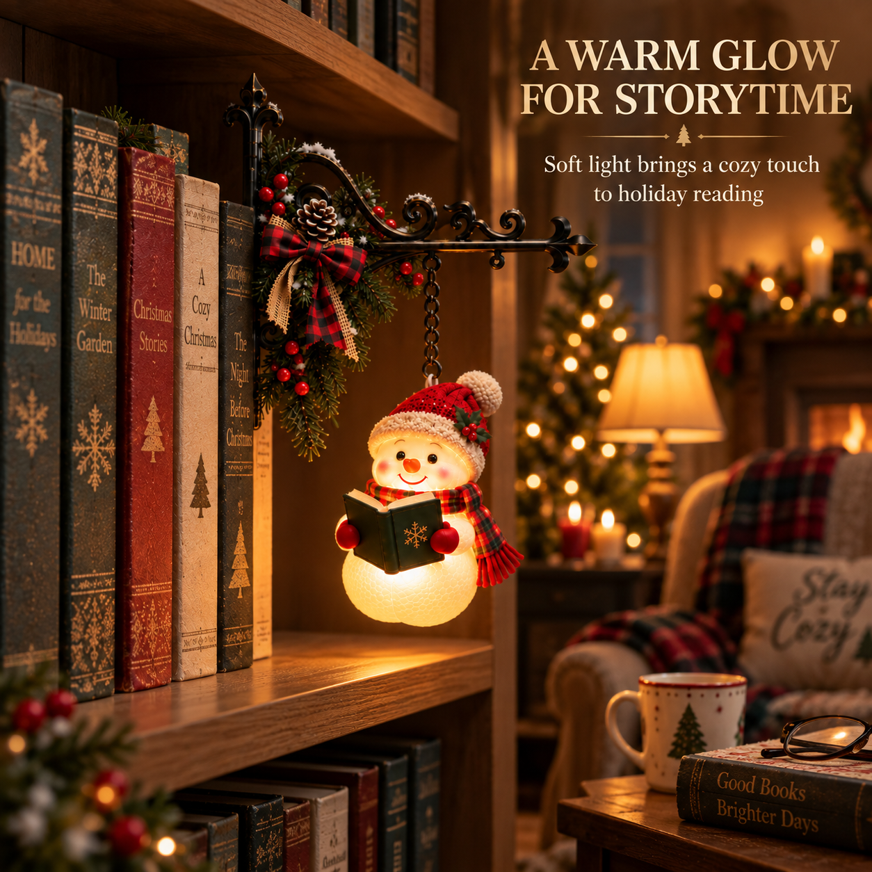Christmas Snowman Reading Bookshelf Light